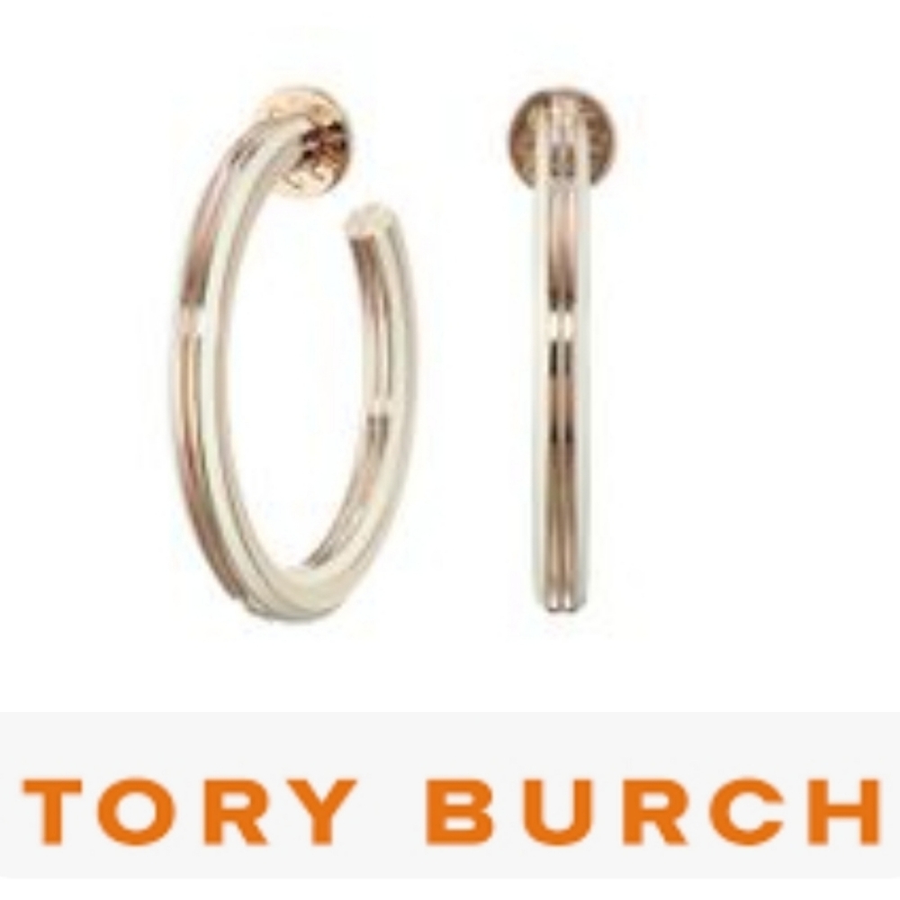 Tory Burch T-Stretch Hoop Ivory Rose Gold Stripe Earrings NWT